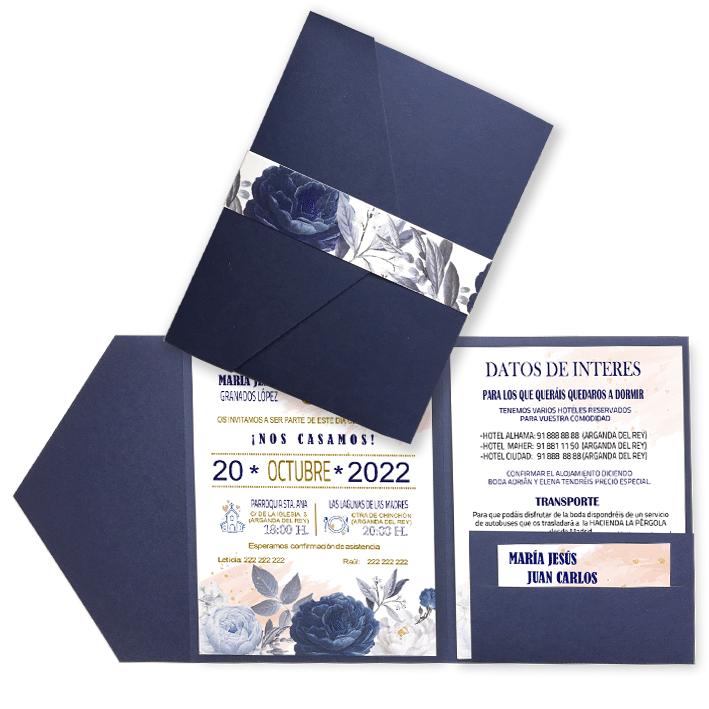 2015002 Invitación de boda en carpeta azul tres tarjetas - Dissol