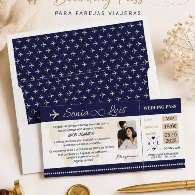 Invitación de boda tipo billete de avión personalizada | Dissol
